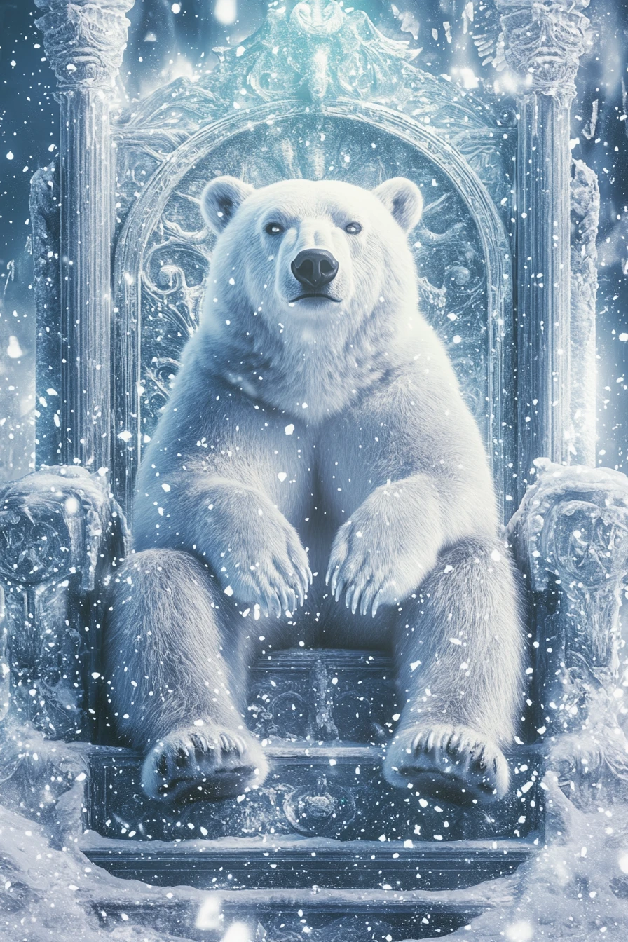 Oso polar regio en un trono de hielo con nieve centelleante