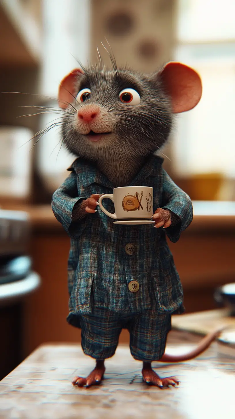 Sleepy 3D Cartoon Mouse In Pajamas In The Kitchen