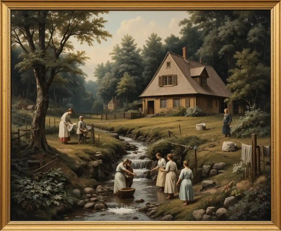 Frauen waschen Kleidung an einem Waldbach bei einem erleuchteten Haus