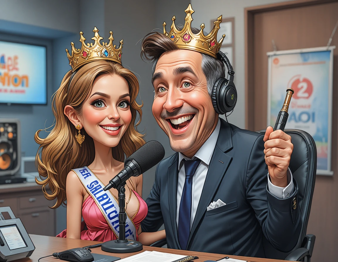 Cartoon radio host with crown beside shy beauty queen