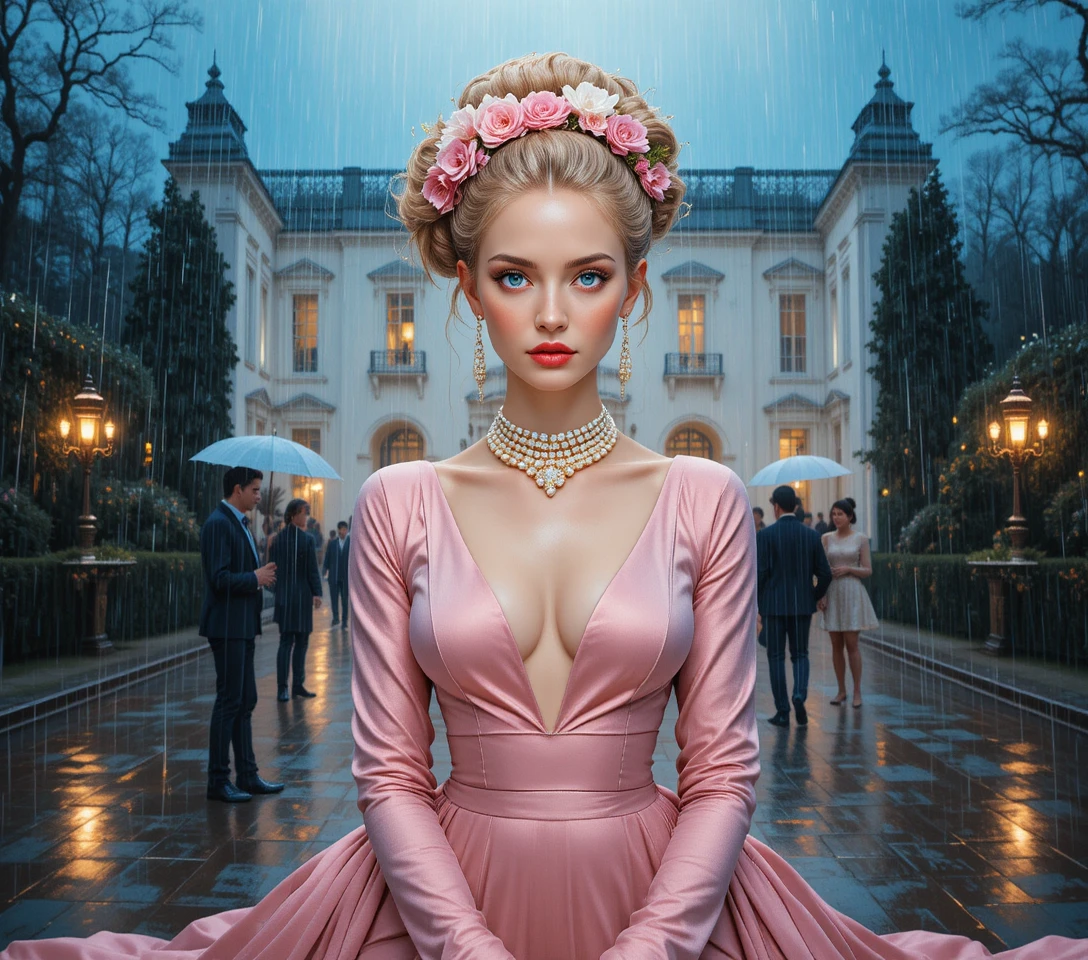 Red haired woman in pastel gown outside white mansion
