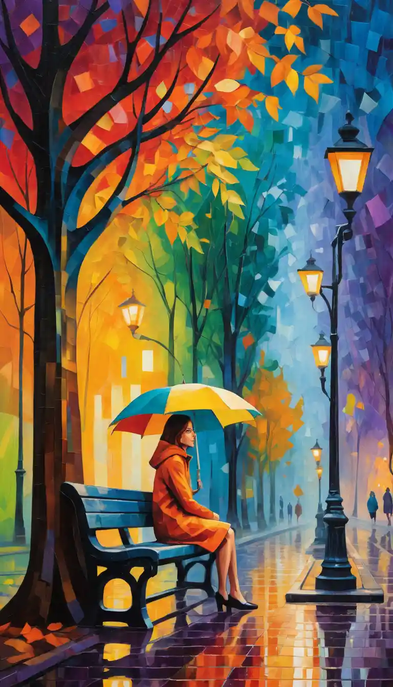 Young woman on a bench in an abstract rainy park