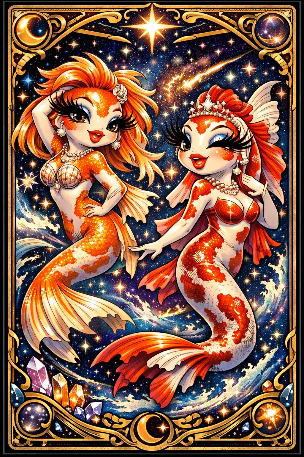 Deslumbrantes divas koi girando en un luminoso océano cósmico