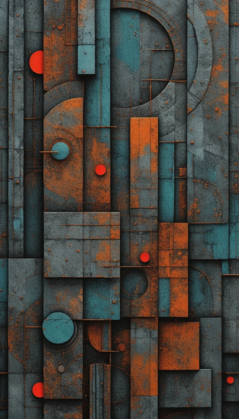 Paisaje urbano geométrico abstracto con orbes rojos brillantes