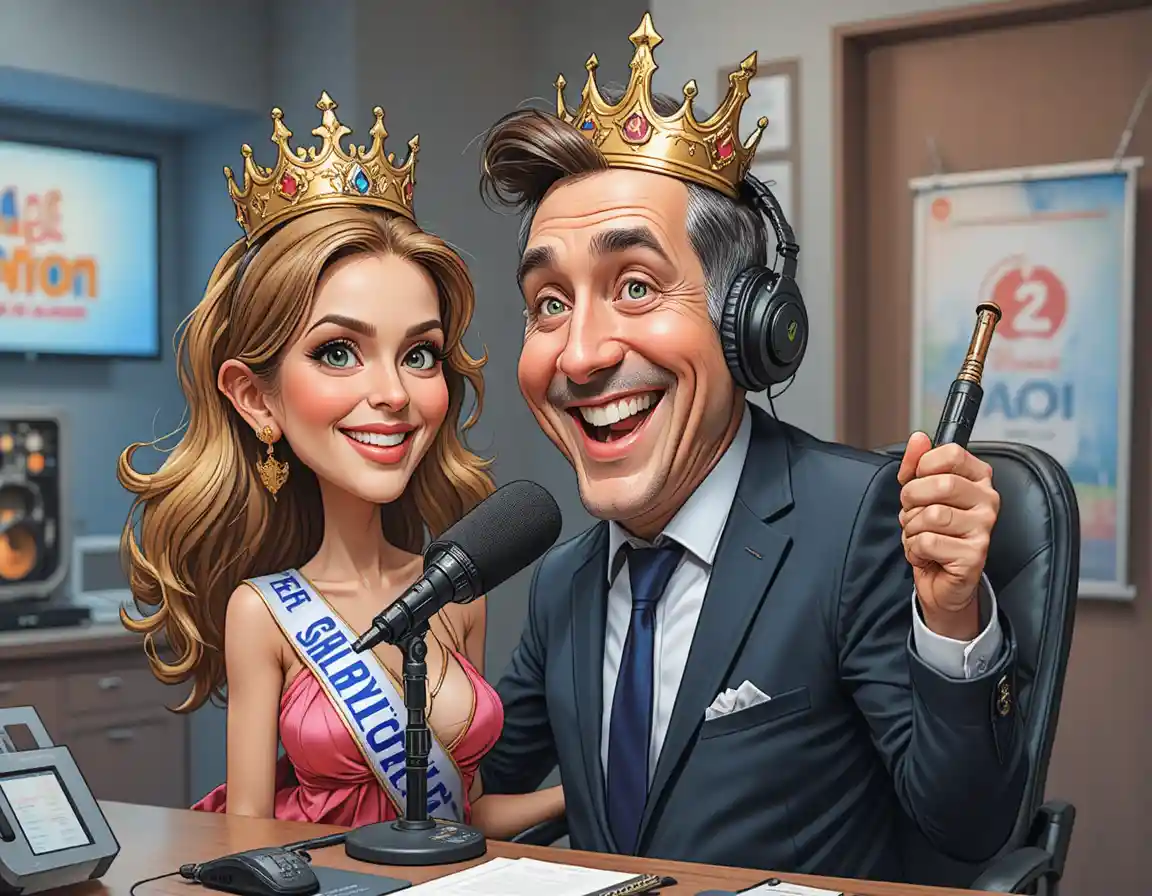 Cartoon radio host with crown beside shy beauty queen