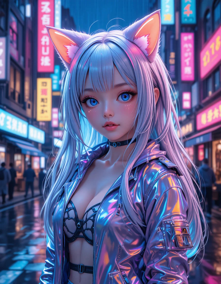 Niedliches Cyberpunk-Catgirl in leuchtenden Neonstraßen