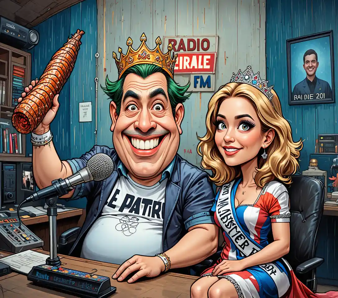 Cartoon-Radiomoderator mit Miss France im farbenfrohen Studio