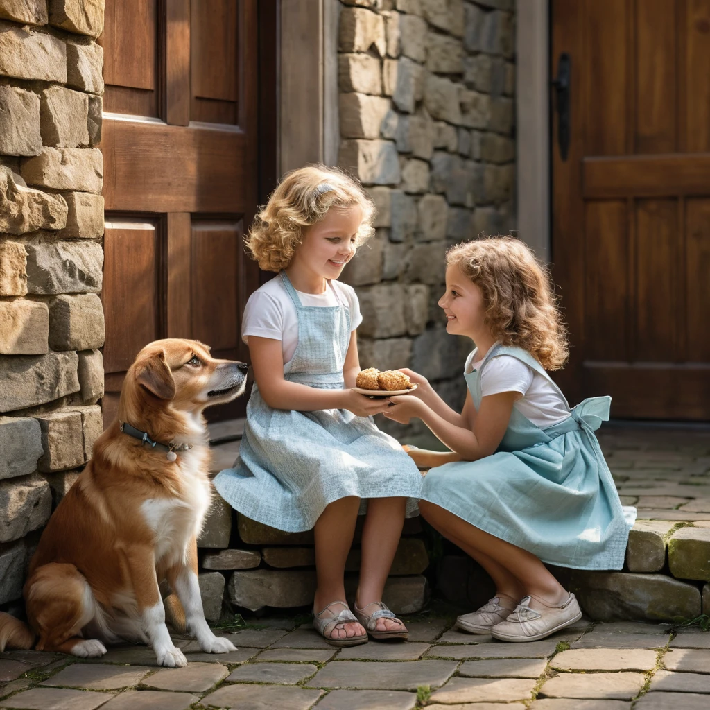 Niña pequeña compartiendo una golosina con un perro sobre un muro de piedra