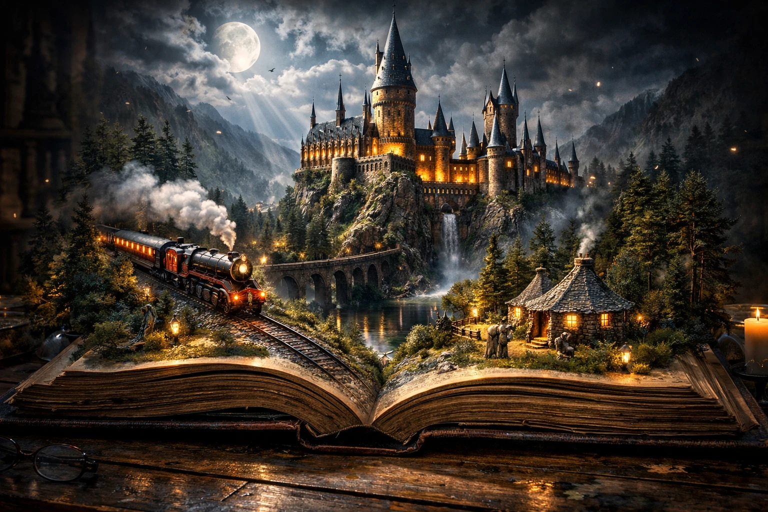 Libro antiguo abierto que revela un mundo de castillo de fantasía brillante