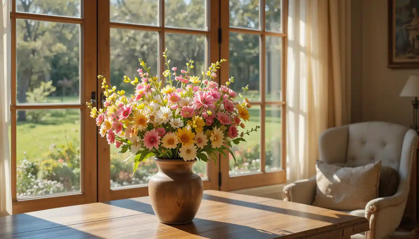 Sunny spring bouquet on wooden table in cozy room