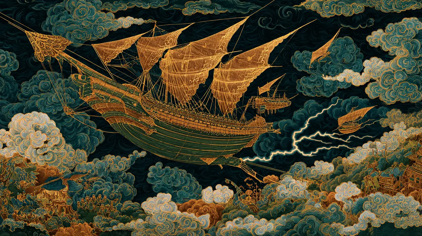 Ancient oriental airship fighting a storm over battlefield