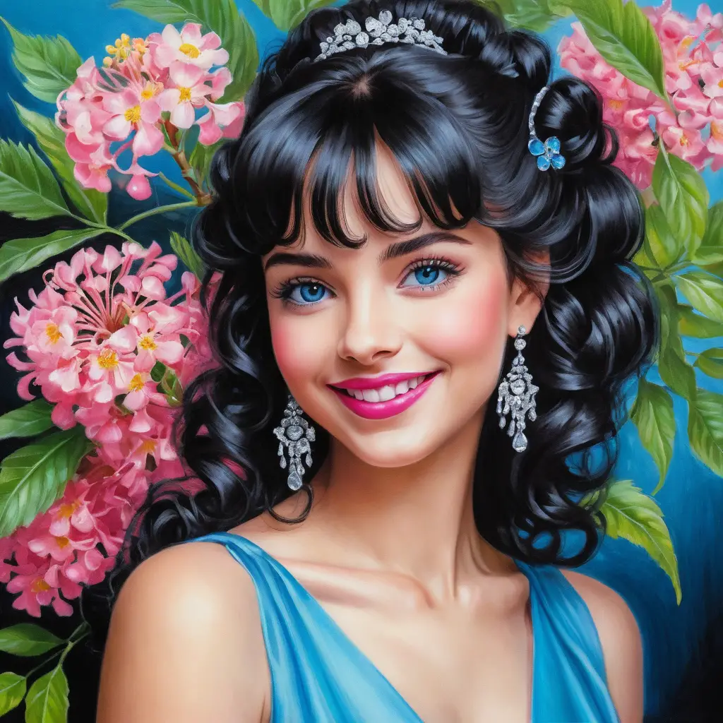 Smiling girl with pink dress and mimosa flower bouquet