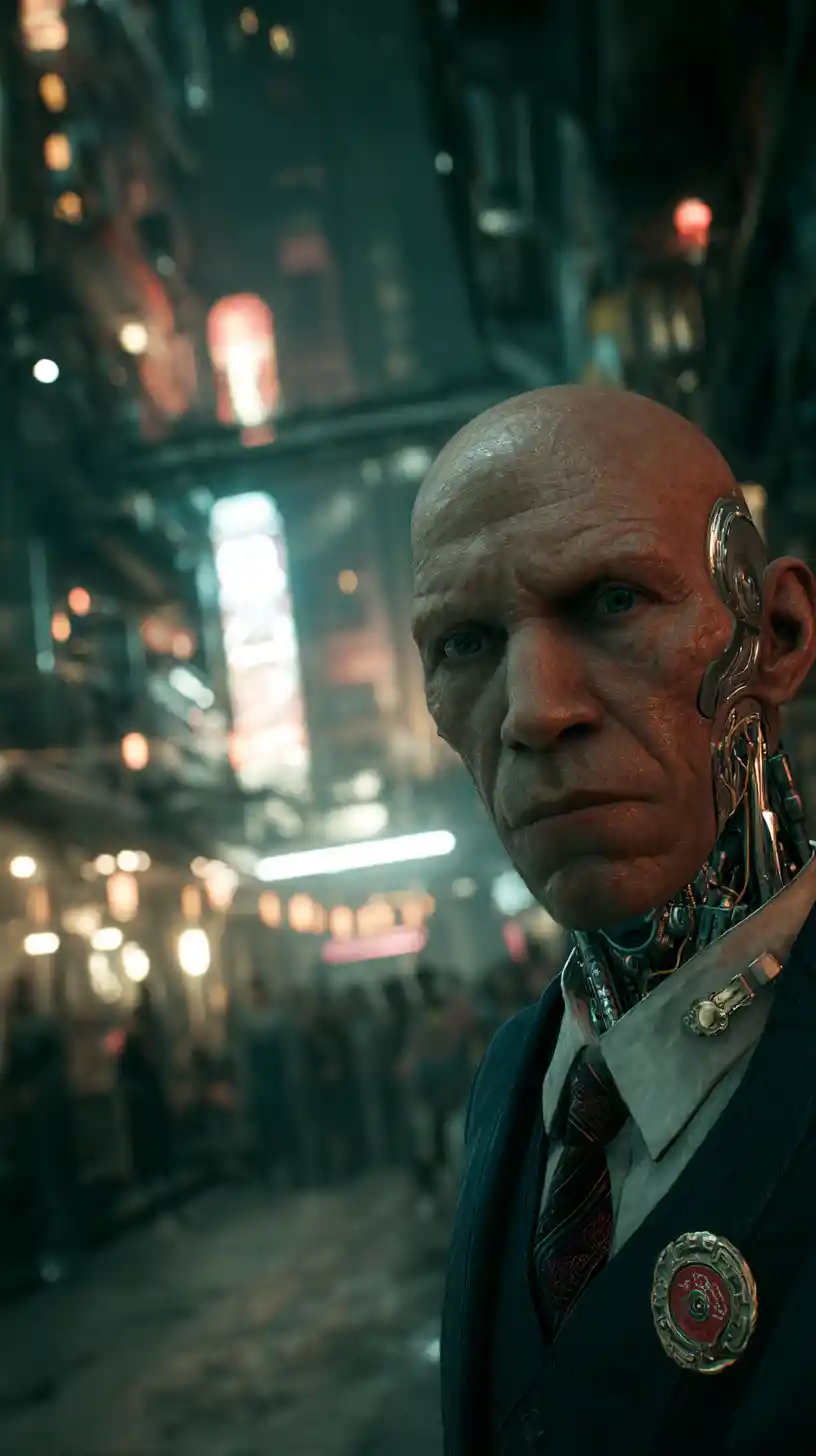 Cyborg businessman grimacing on a dark futuristic street