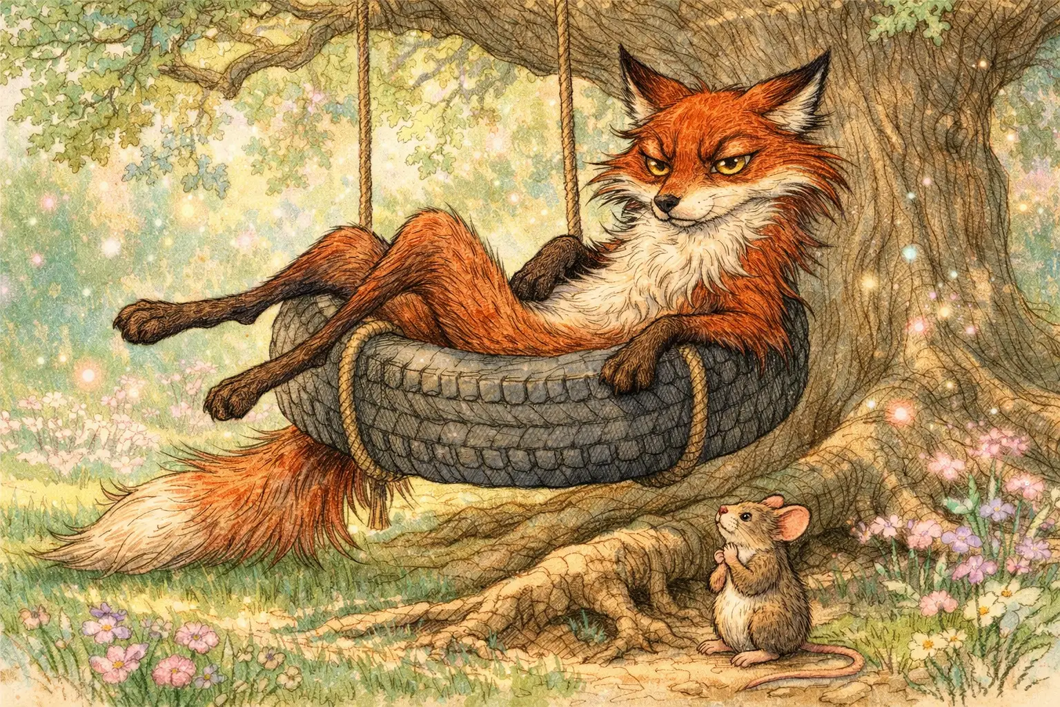 Lanky Red Fox Relaxing On A Tire Swing In Park
