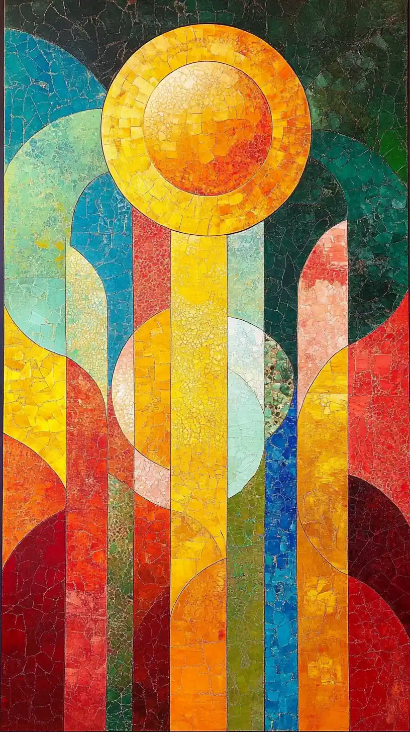 Abstract stained glass painting with radiant solar circle