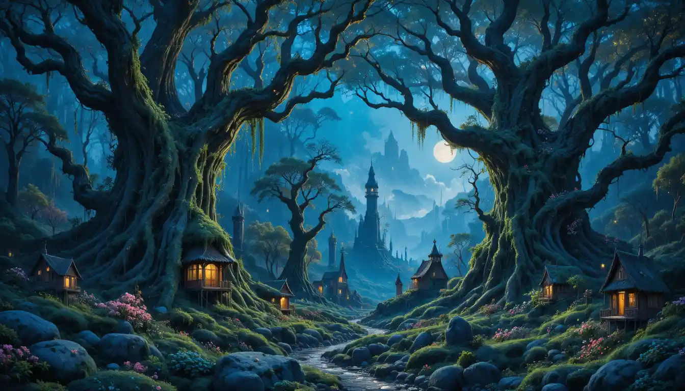 Biolumineszentes Walddorf unter uralten moosbewachsenen Bäumen