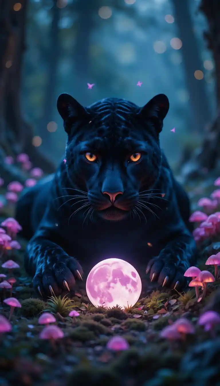 Black panther resting with glowing moon in enchanted forest