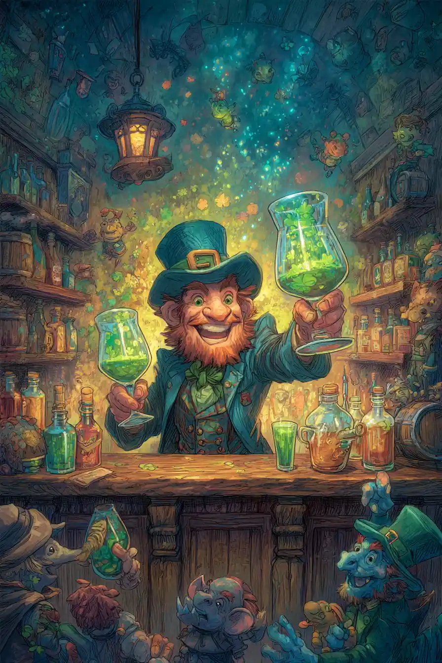 Cheeky Leprechaun Bartender Juggling Glowing Green Cocktails
