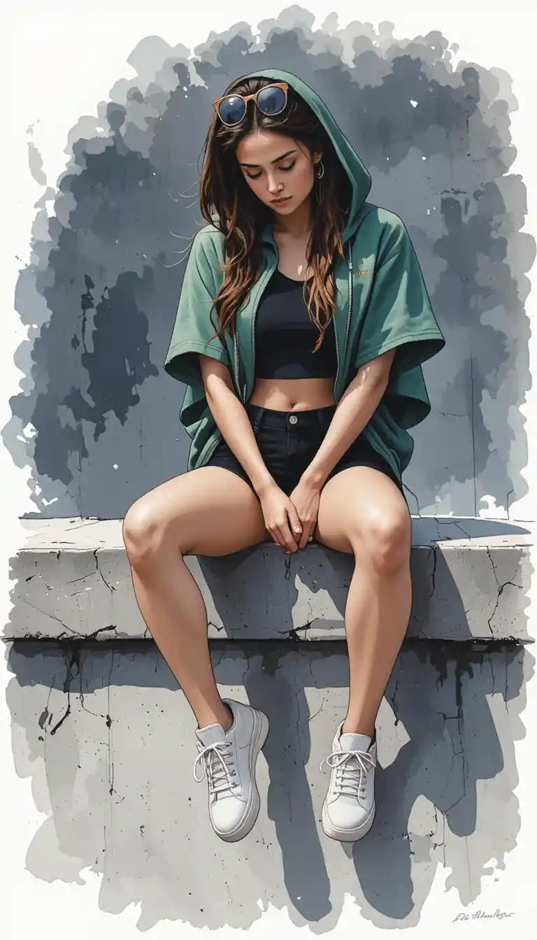 Young woman in green hoodie sitting on concrete wall