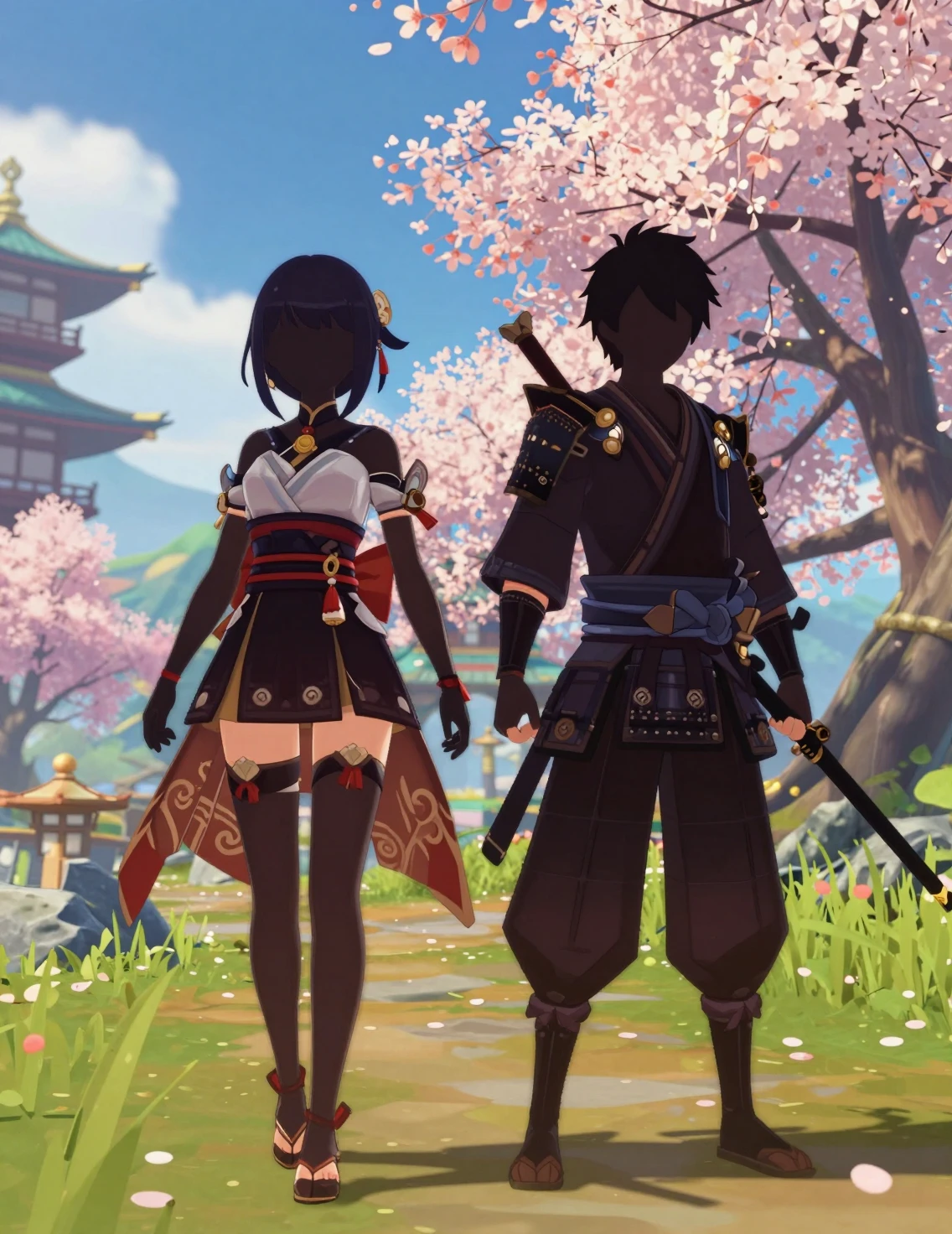 Silhouette di geisha e samurai tra i fiori di ciliegio