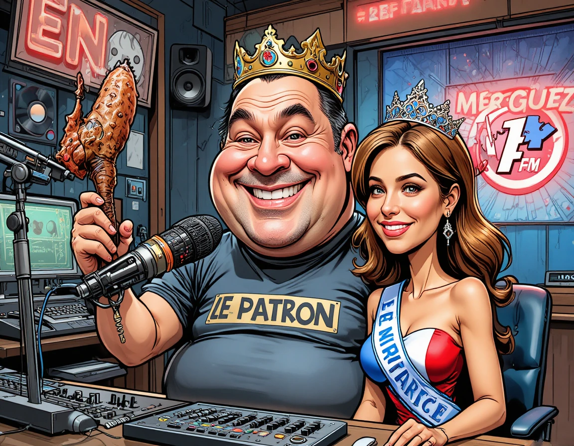 Humorous cartoon of a radio host raising a grilled sausage