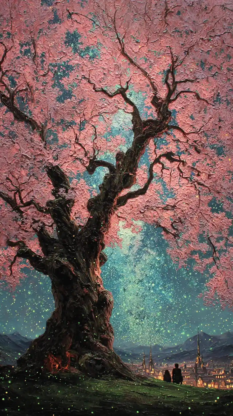 Colossal Peach Blossom Tree Under A Starry Night Sky