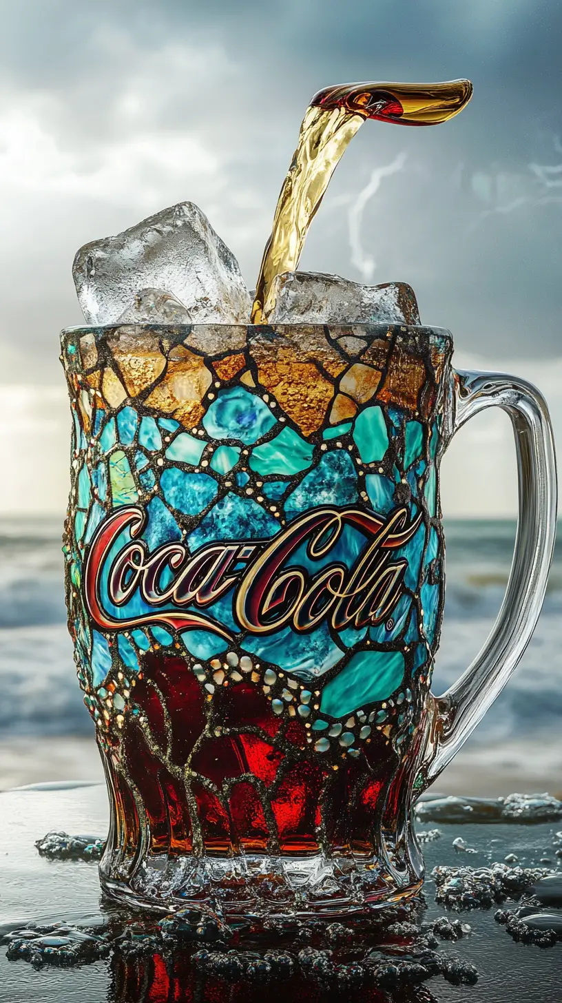 Close up stained glass soda mug with dramatic stormy sky