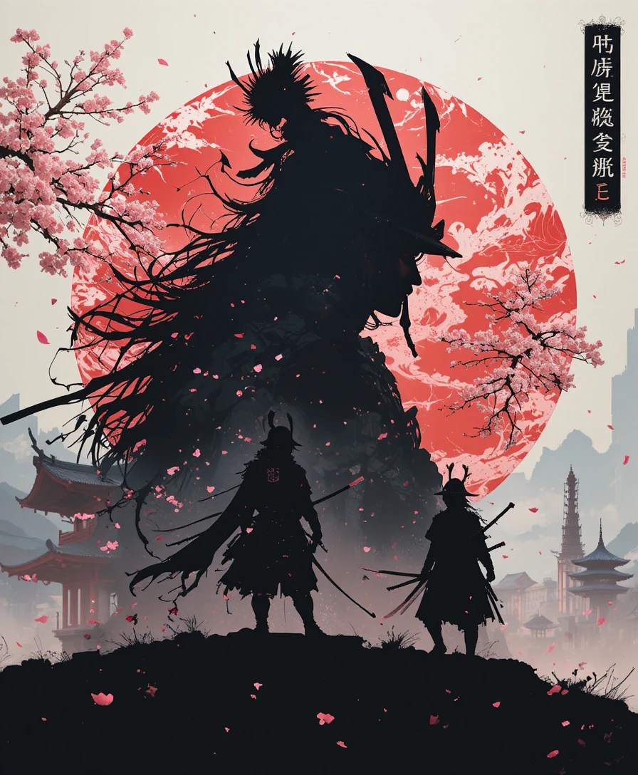 藝伎與武士剪影與櫻花