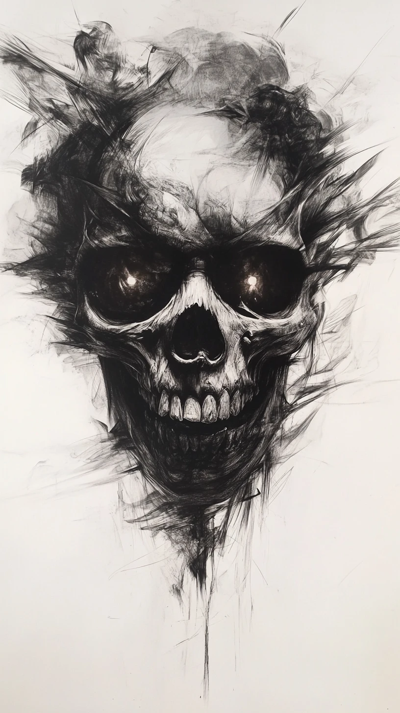 Psychedelic Skull With Glowing Eyes In Charcoal Drawing