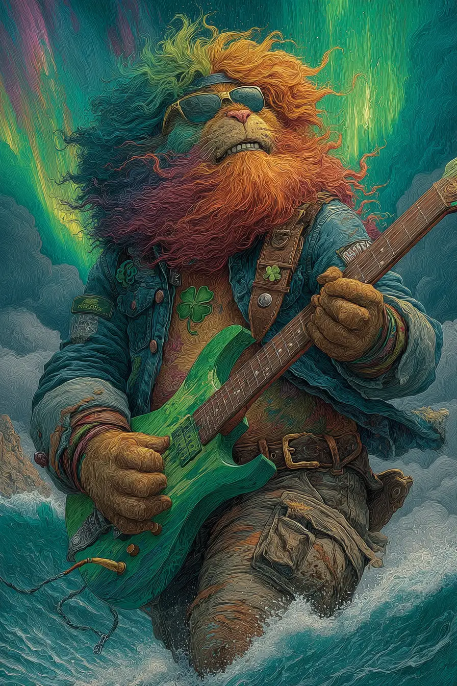 Irish leprechaun rockstar surfing a glowing rainbow