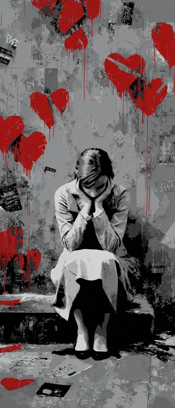 Anime girl kneeling in vigil by broken heart graffiti