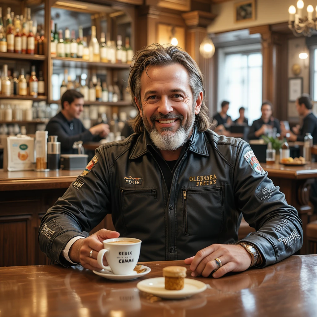 Smiling motorcyclist at the Olmuccio hotel bar with coffee