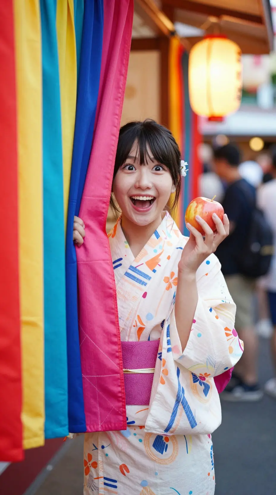 Girl smiling behind colorful noren at a festival stall