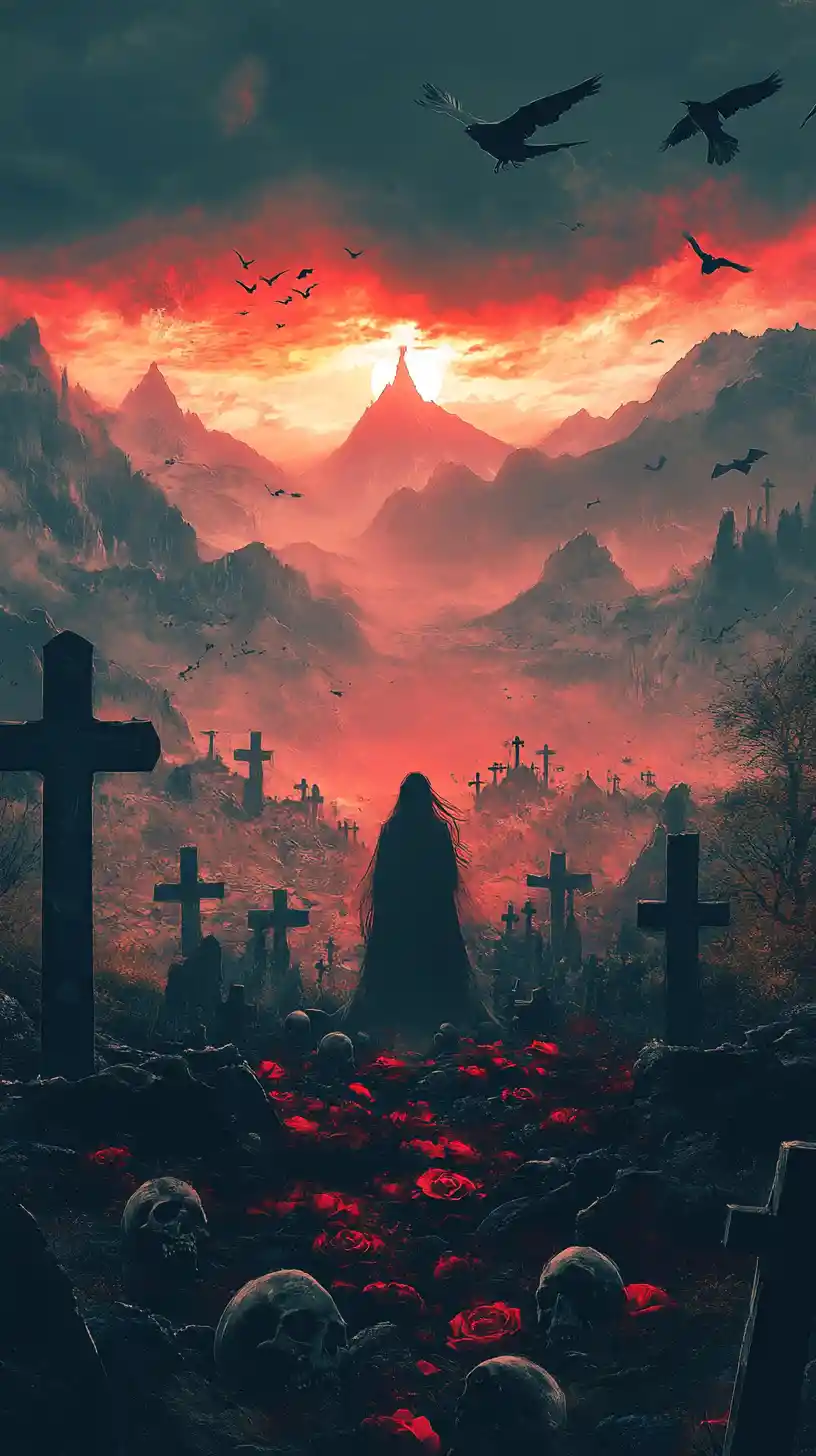 Ethereal female silhouette with inner fiery graveyard vision