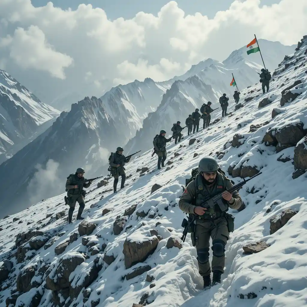 Des soldats escaladent les pentes enneigées des montagnes du Cachemire avec leurs fusils