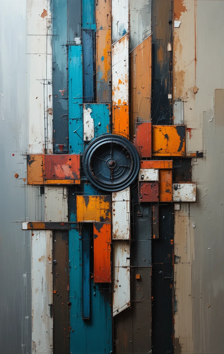 Textured abstract painting with vertical geometric composition