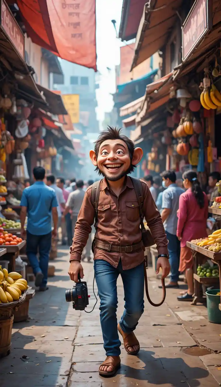 Happy man vlogging in a busy Indian street market