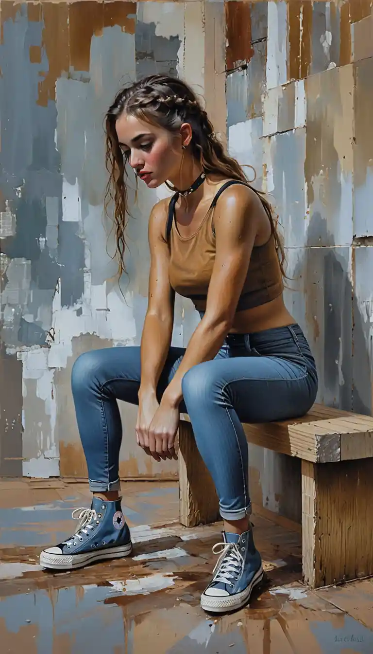 Pensive young woman on a worn wooden bench indoors