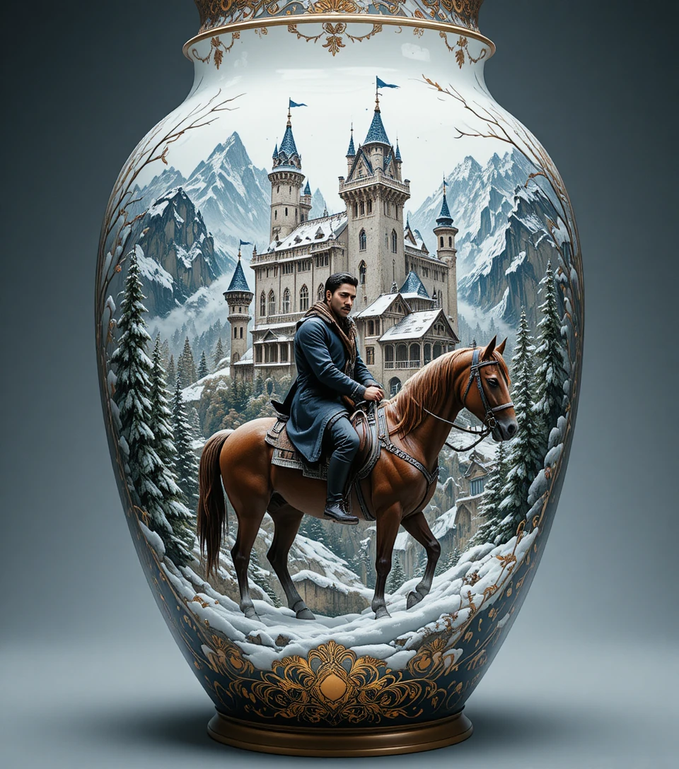 Hombre a caballo ante un castillo invernal en jarrón ornamentado