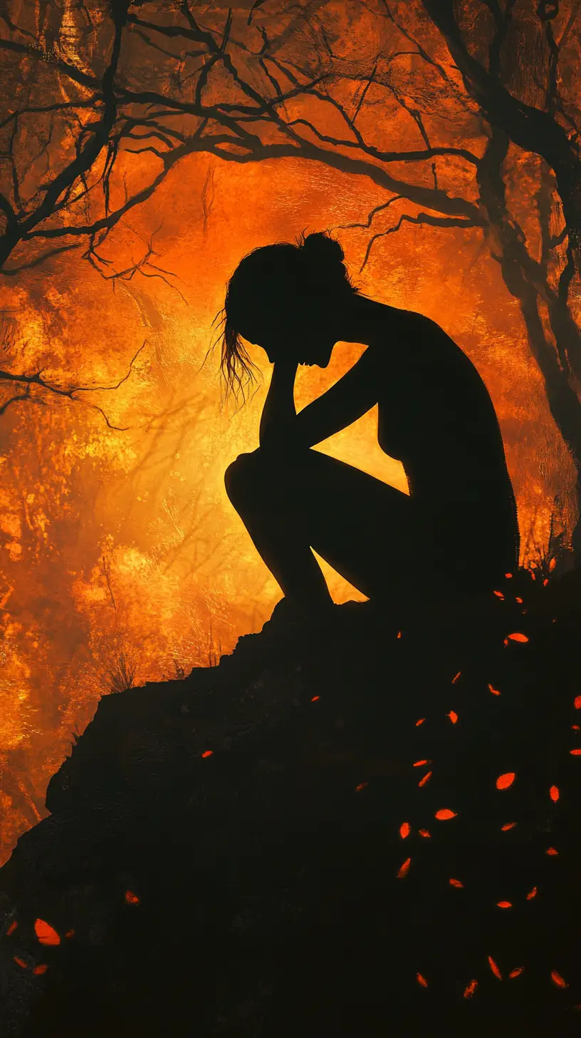 Einsame Frauensilhouette auf einem Felsen im feurigen Gegenlicht