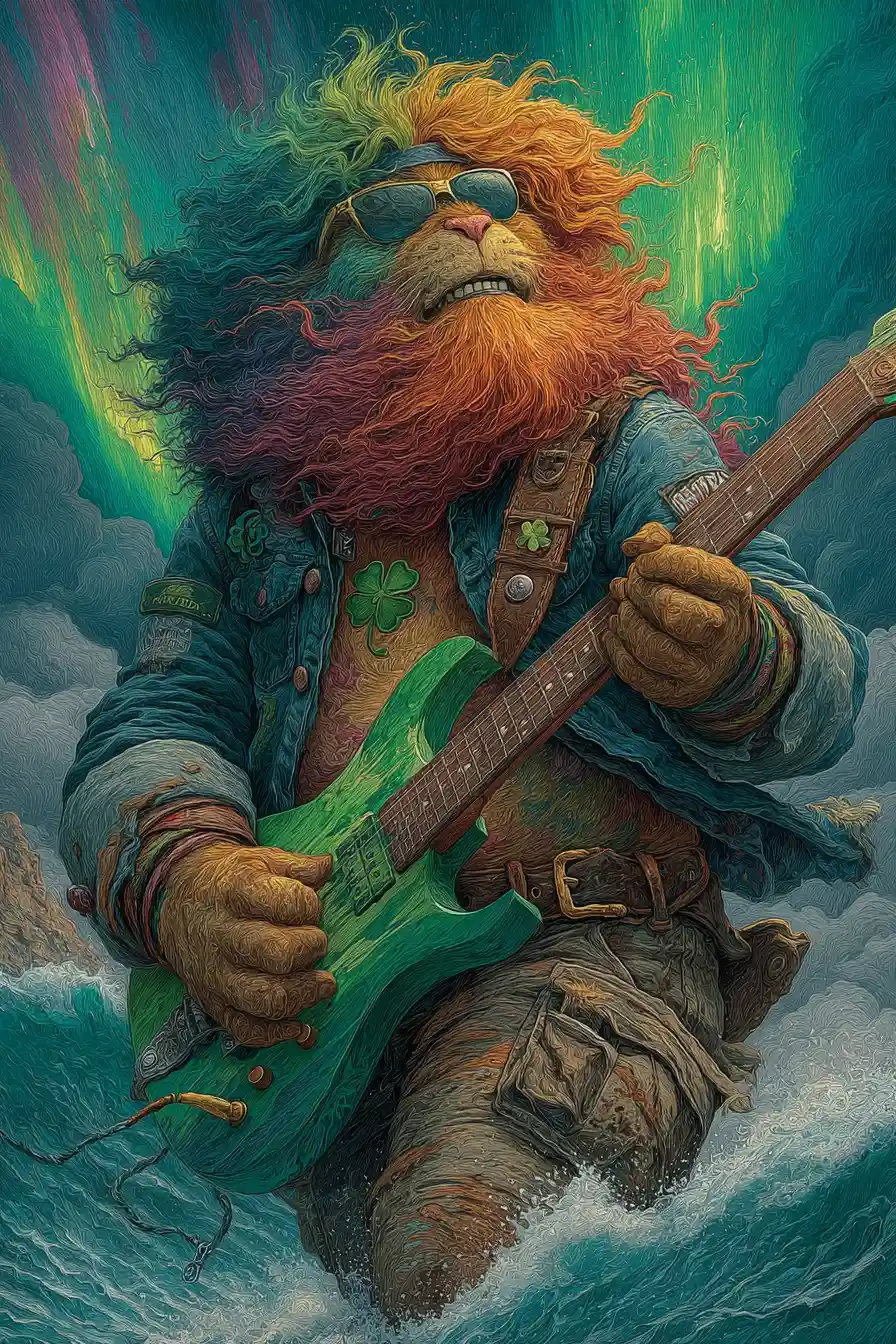 Irischer Leprechaun-Rockstar surft auf einem leuchtenden Regenbogen