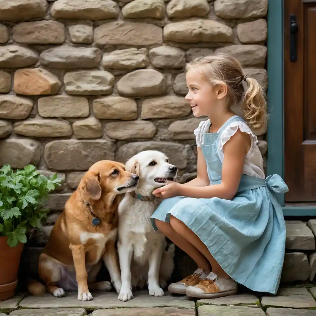 Little girl sharing a treat with a dog on stone wall