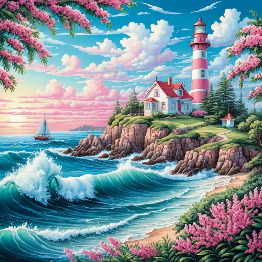 Faro veraniego junto al mar con olas y flores rosas