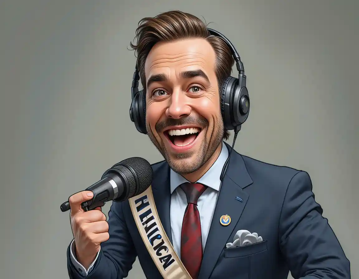Satirical caricature of a domineering radio host at work