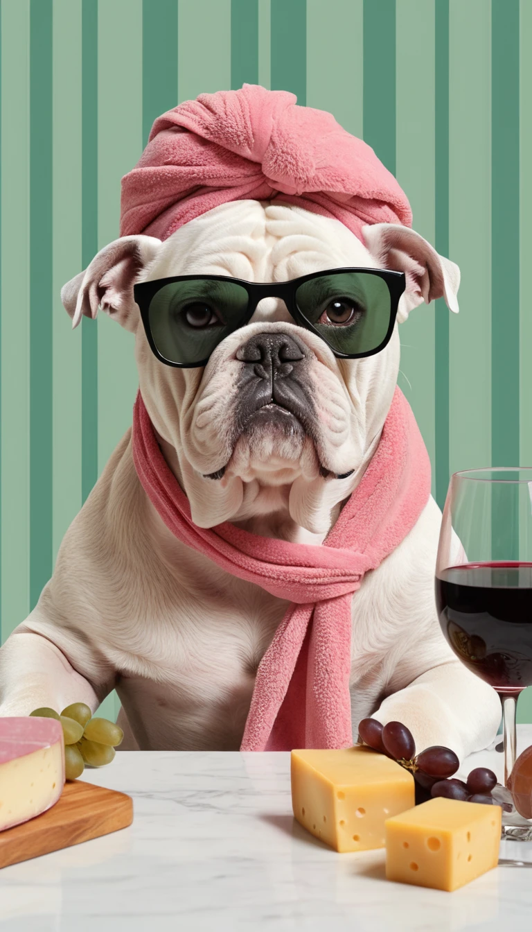 Bulldog con Gafas de Sol en Mesa con Vino y Queso