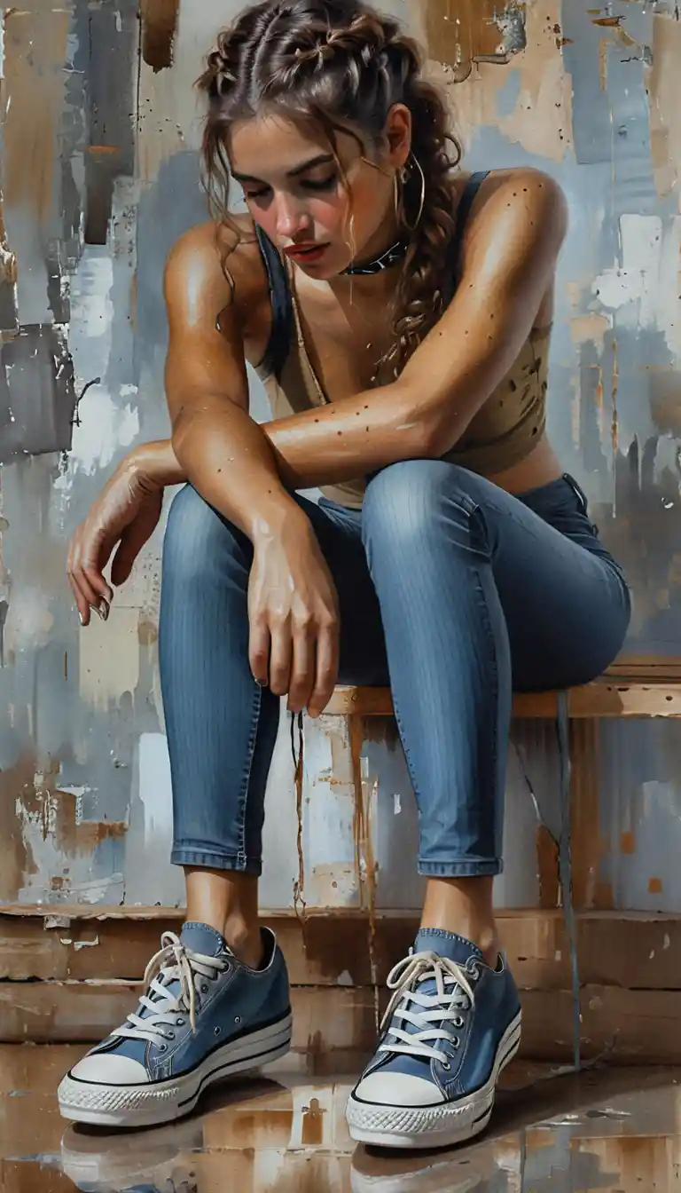 Pensive young woman on a bench in urban art studio
