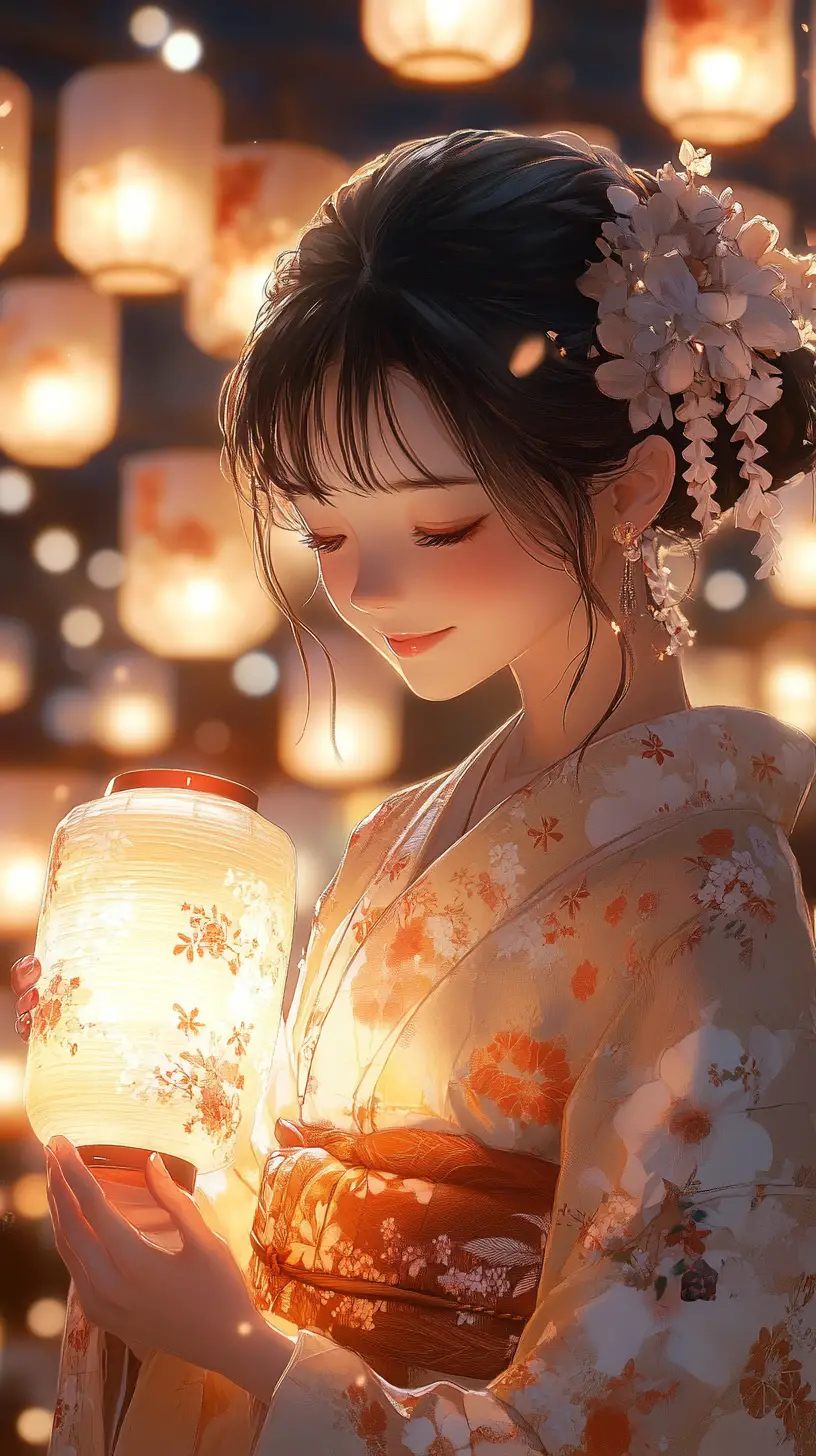 Anime girl in kimono holding glowing paper lantern
