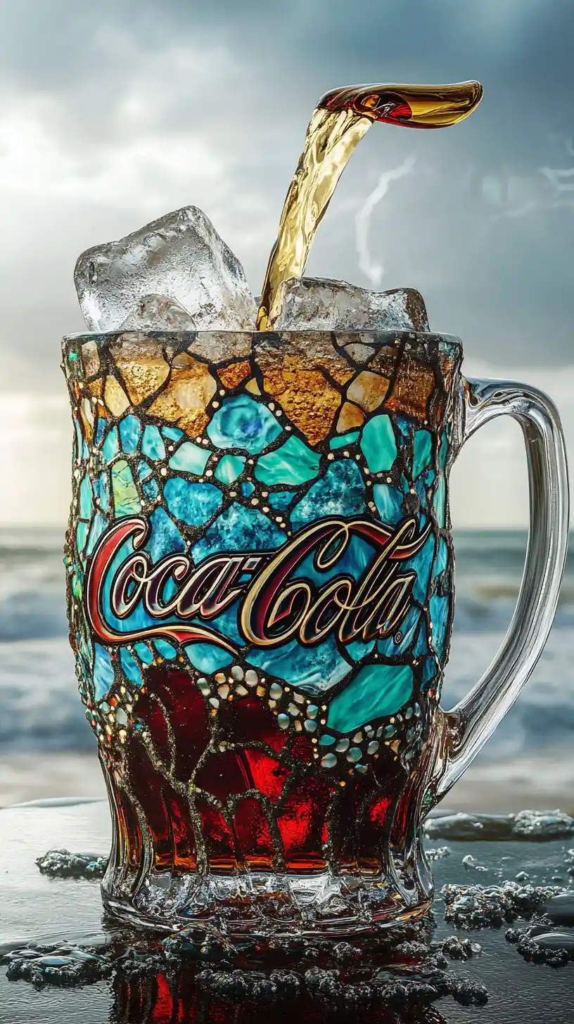 Close up stained glass soda mug with dramatic stormy sky