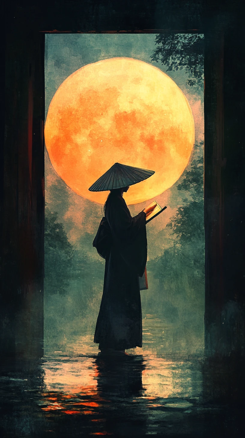 Mujer con kimono en silueta frente a una luna naranja resplandeciente