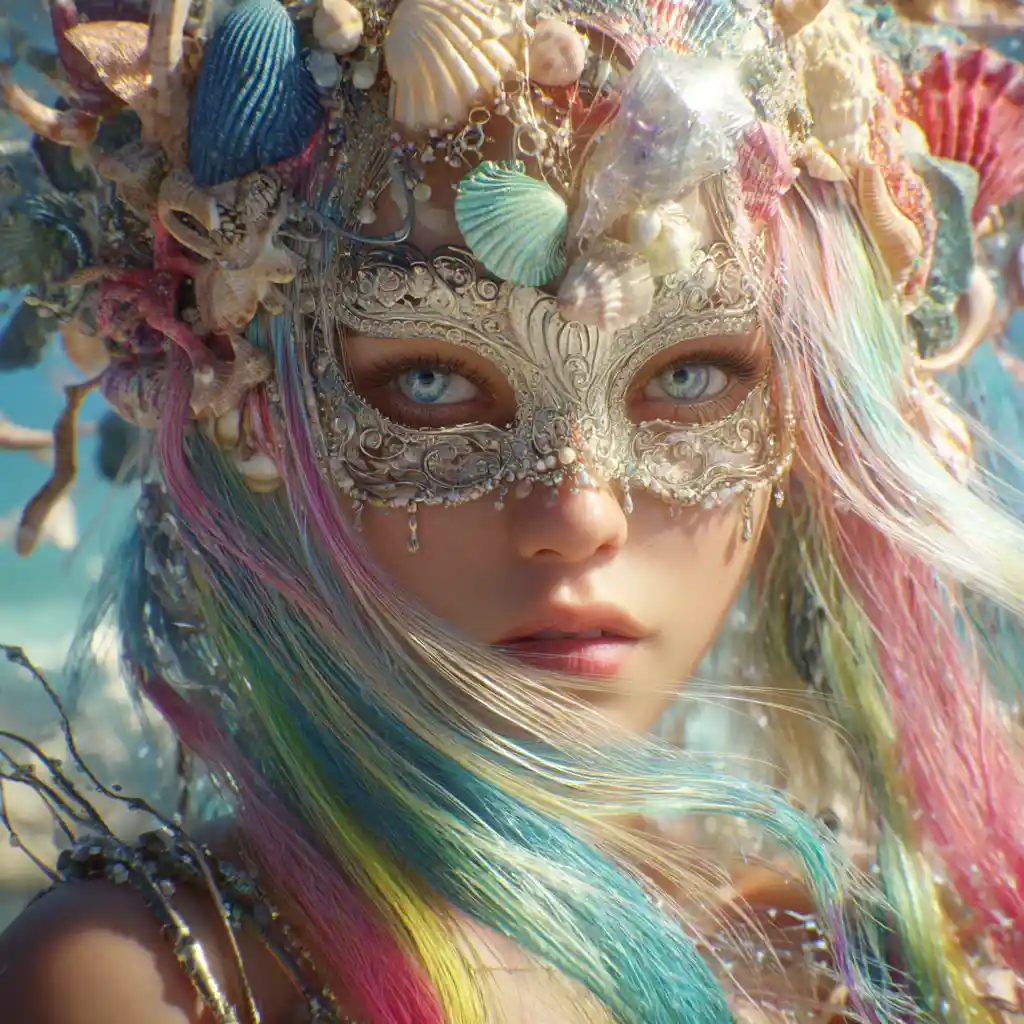 Sirena veneciana con máscara de vidrio en una escena de canal de ensueño